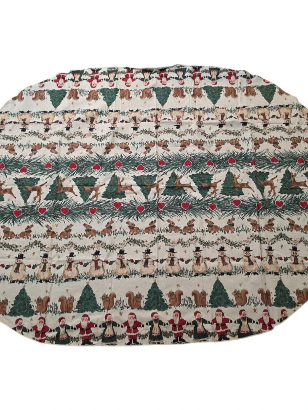 Vtg Christmas Tablecloth Animals Cottage Woodland Rabbits Squirrels Oval 58x78